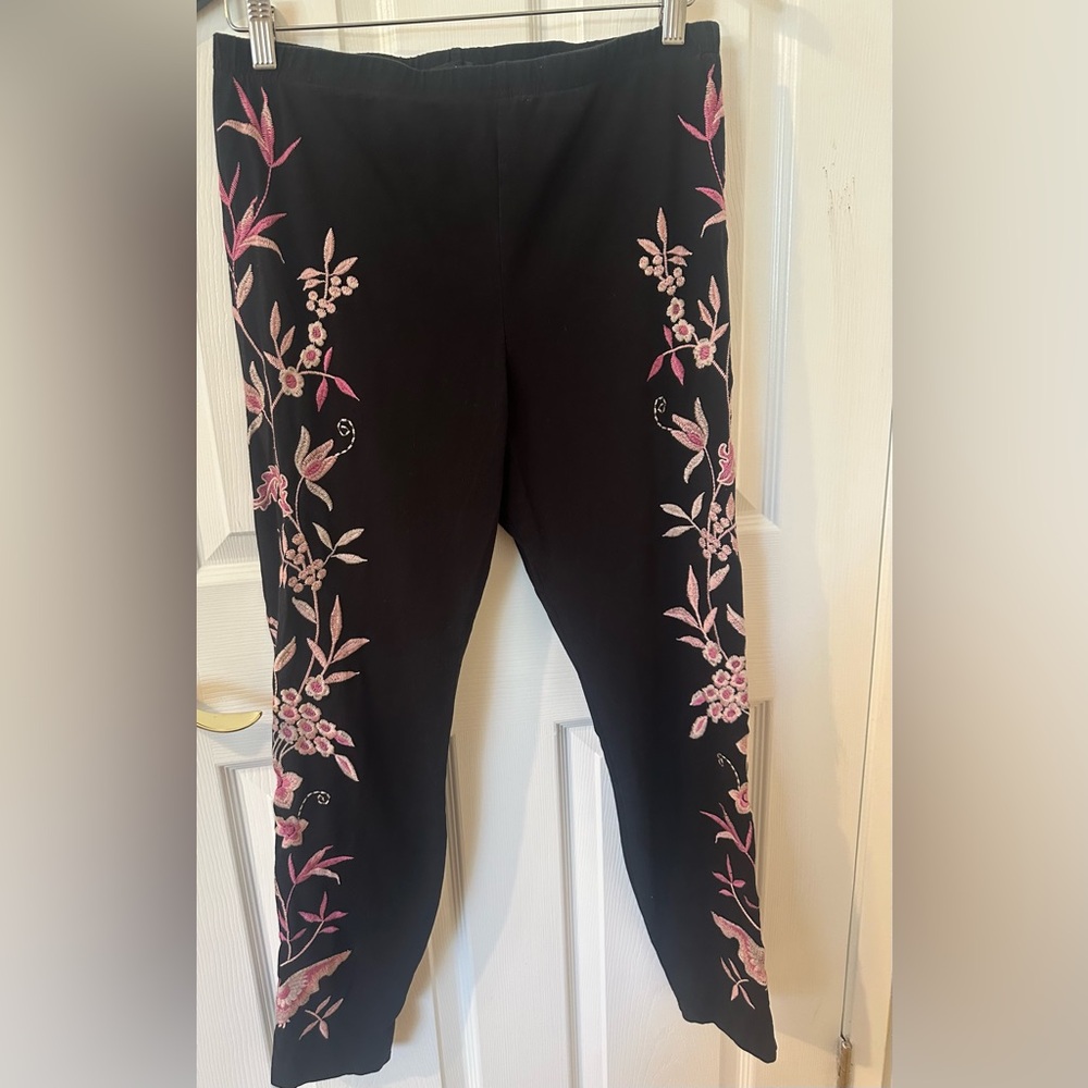 Johnny Was LA Embroidered Black Women's Pants with Pink Floral Detail